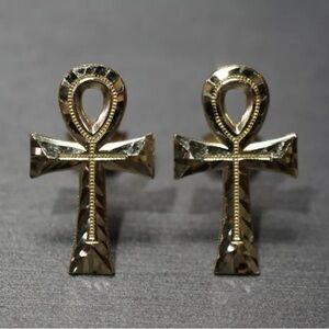 10K Solid Yellow Gold 0.75" Diamond Cut Egyptian Ankh Cross Stud Earrings